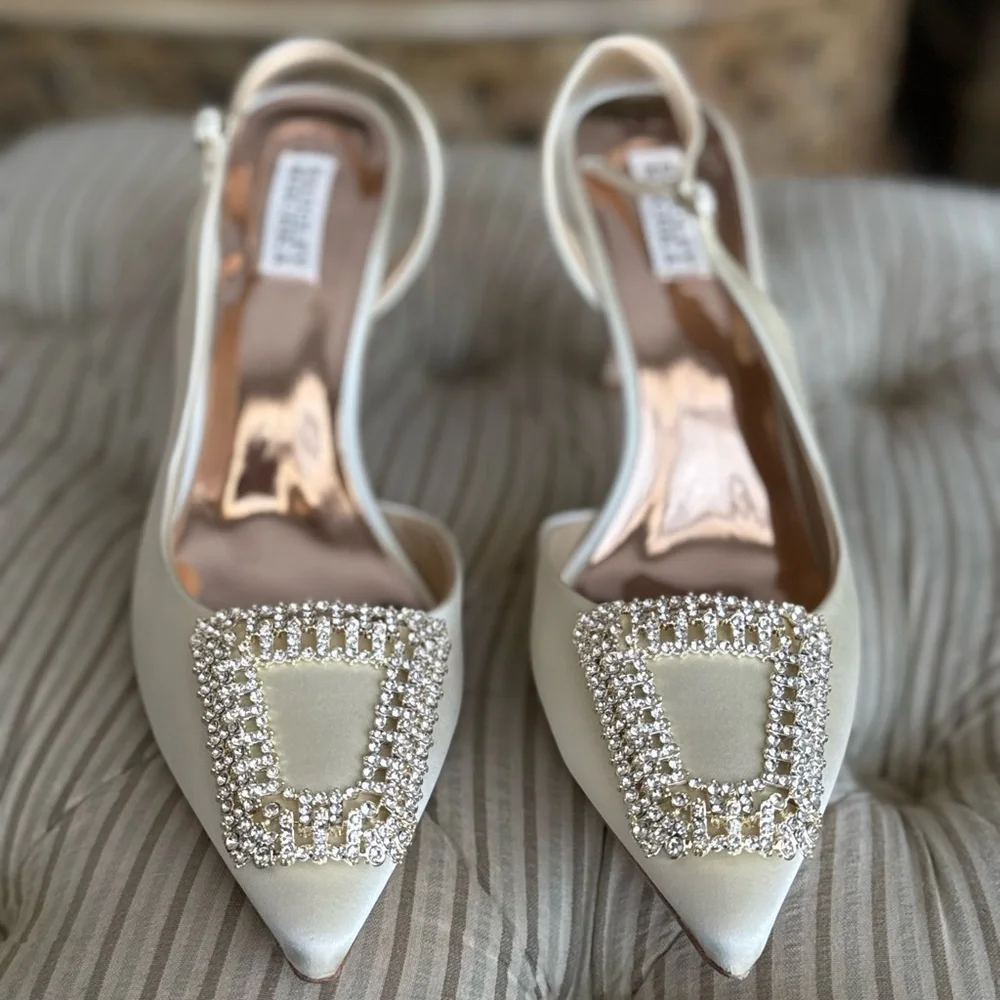 Badgley Mischka Ivory Satin Slingback Pumps with Crystal Buckle - Picture 2 of 12